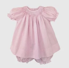 Petit Ami Pink Check Bishop Zig Zag Smocked Dress Set with Bonnet  Newborn