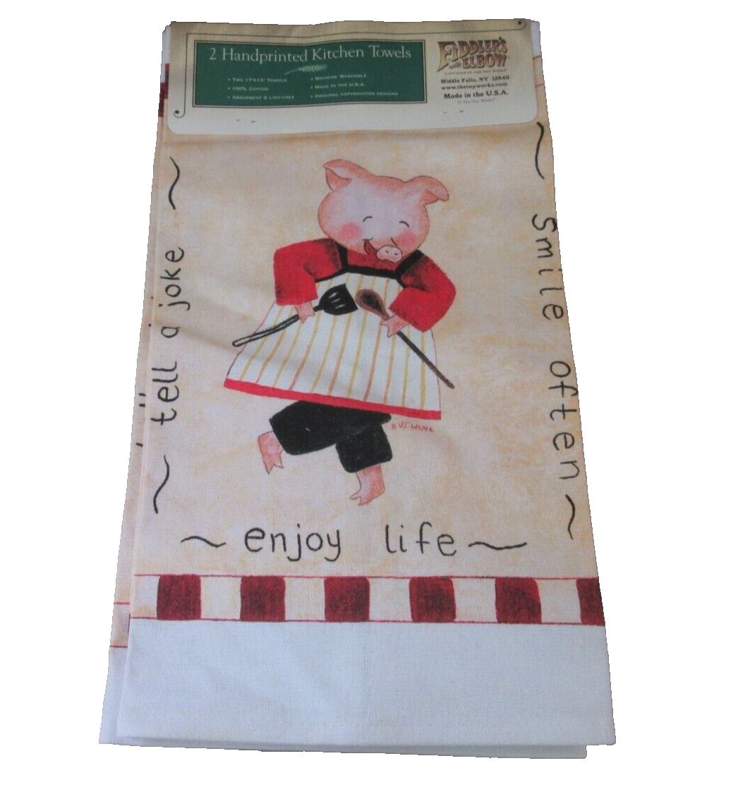 2 Fiddlers Elbow Handprinted Kitchen Towels Boy & Girl Pigs Cooking 100