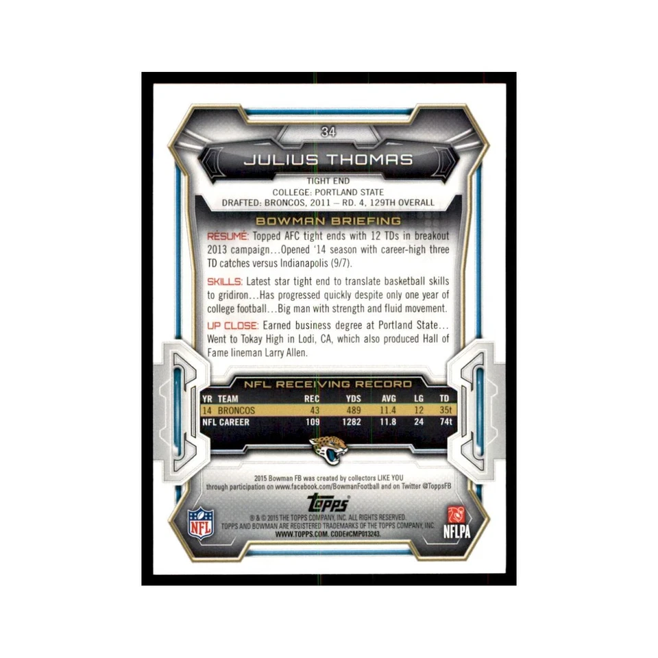 2015 Bowman Foil Julius Thomas Football Cards #34 - Image 2 of 3