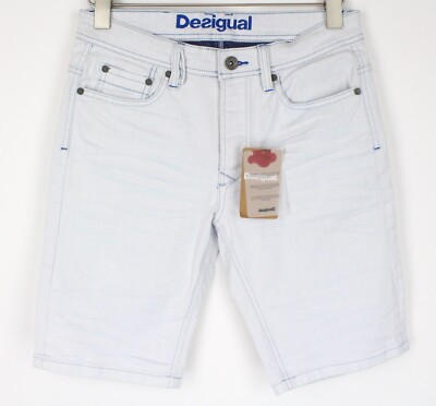 DESIGUAL Pablo Men Shorts W28 Light Blue Bermuda Slim Fit Stretch Button-Fly