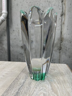 Vintage MCM Lead Crystal Vase Green Hues Heavy Possible Orrefors Unsigned