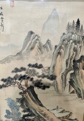 Antique Chinese Landscape Framed Ink & Colors on Silk Painting In