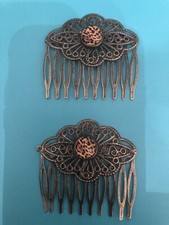  2 Leopard Cabochon Vintage Bronze Filigree Small Hair Combs