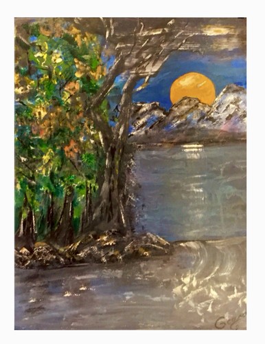 Original 8x10 signiertes Landschaftsgemälde VOLLMOND ÜBER BERGSEE Wandbild