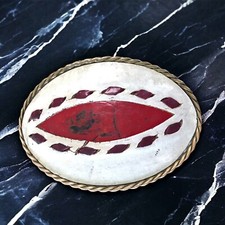 Vintage Western Nickel Silver Painted Leather Belt Buckle Indian Diamonds Cowboy