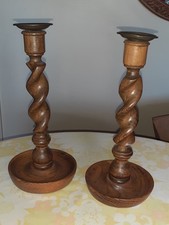 Antique Oak Barley Twist Candle Sticks with Drip Trays