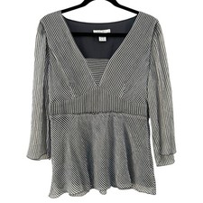 VTG Nine West Y2K Babydoll Womens Sheer Stripe Silk V Neck Blouse Zip Top Sz 8