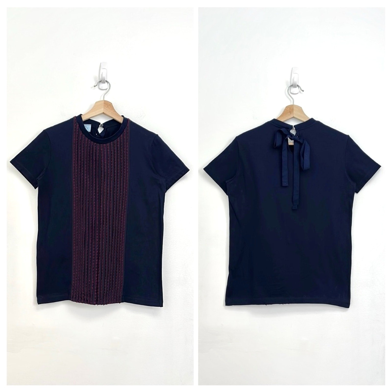 Prada Tuxedo Ruffle Tie Back Bow Cotton-Silk Luxury Designer Crewneck Tee Small thumbnail 8