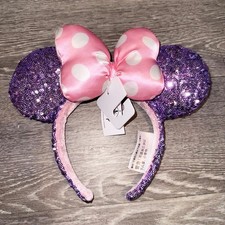 Disney- Parks Purple Sequin Minnie Mouse Ears Pink Polka Dot Bow Headband Gifts