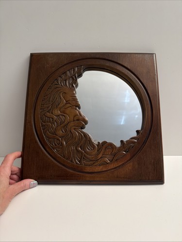 Vintage 1977 Hardin Signed 12" Wood Carving Crescent Man in the Moon Wall Mirror
