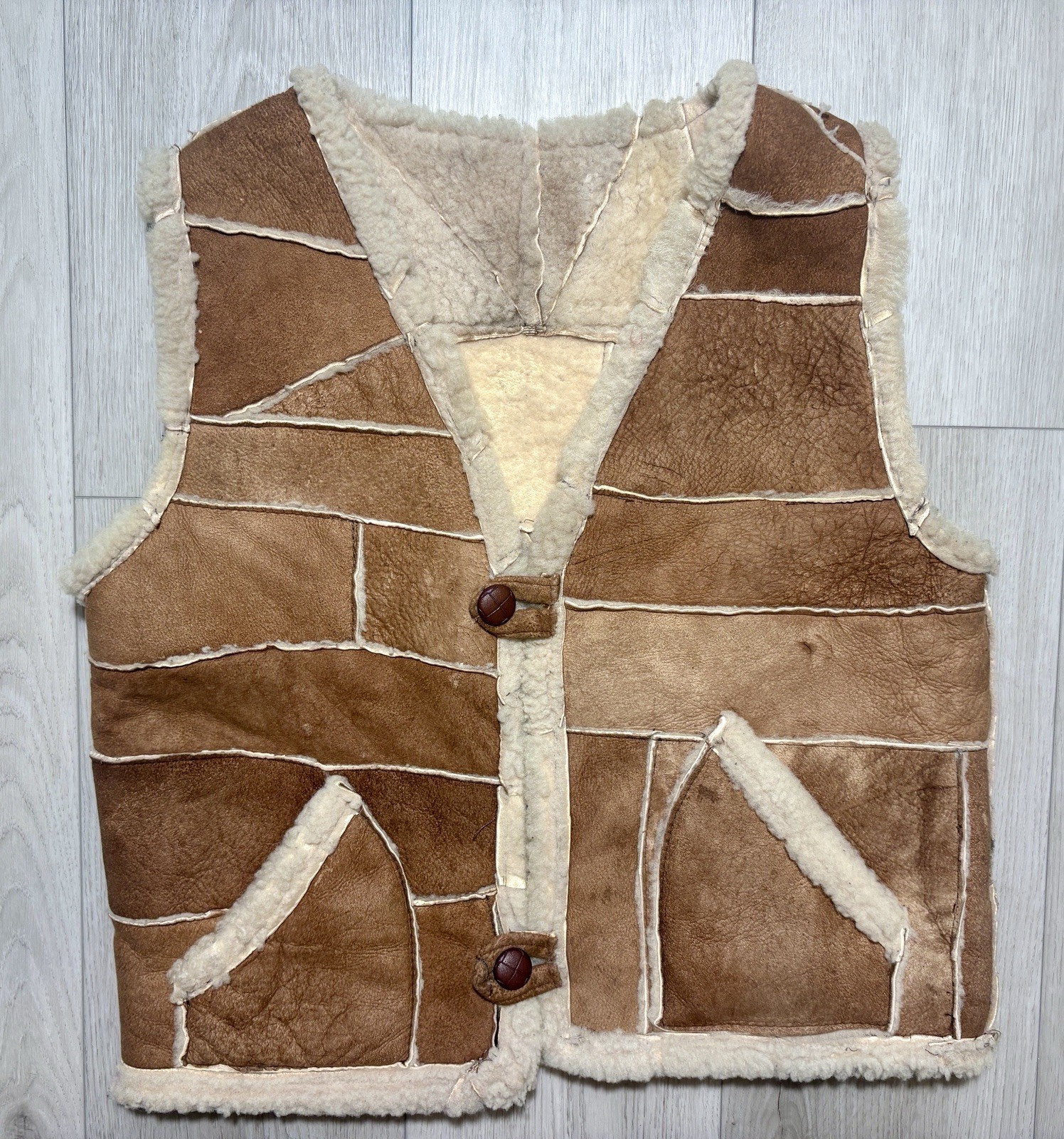 Vintage 70s Shearling Patchwork Vest Western Ranc… - image 1