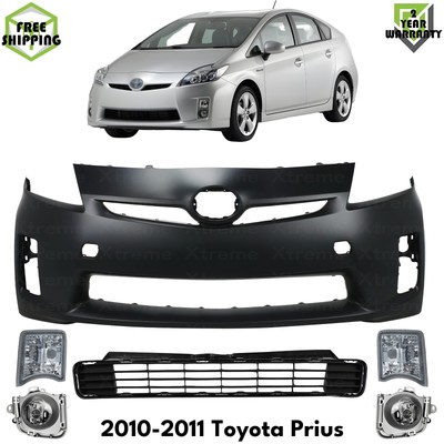 Front Bumper Cover Primed Plastic & Fog Lights Kit For 2010-2011 Toyota Prius