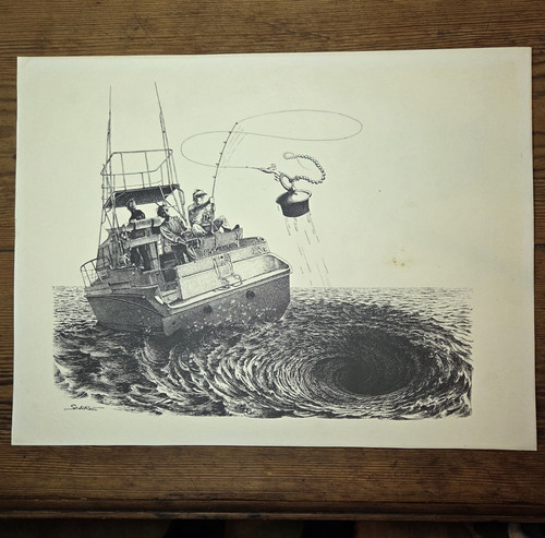 02L16 ANCIENNE LITHOGRAPHIE PLANCHE NOIR ET BLANC SIGNEE CLAUDE SERRE LA PECHE - Photo 1 sur 2
