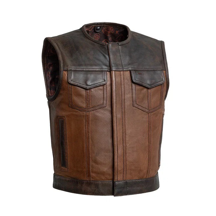 Men Oiginal Leather Vest Men Two Tone Vest Black & Tan Perforated Biker Vest