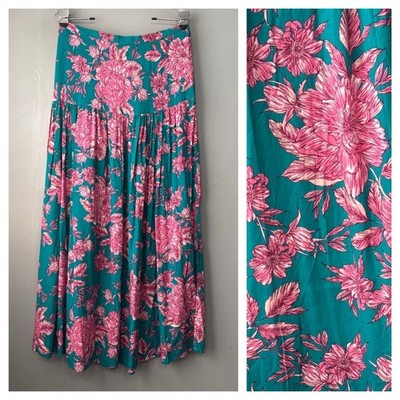 Abel The Label Drop Waist Skirt Size Large Teal Pink Floral Maxi Resort Summer