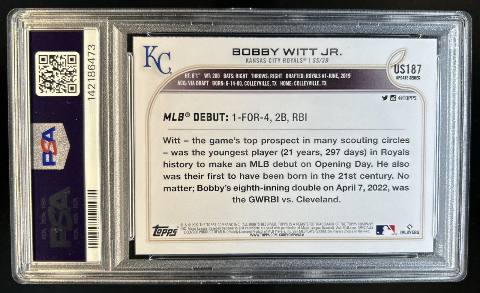 2022 Topps Update Bobby Witt Jr. RC Rookie #US187 Royals PSA 10 GEM MINT view 2