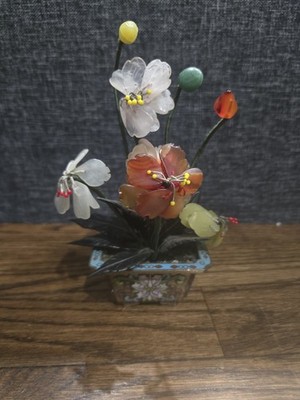 Antique Jade Amber Quartz Flowering Tree in Bronze Cloisonne Planter 