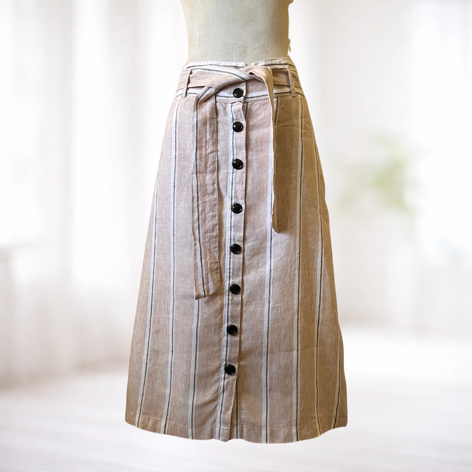Rachel Zoe Beige Striped Linen Midi Skirt Belted S Office Boho Coastal Cruise