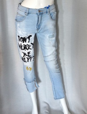 Hippie Jeans Hose Stretch 7/8 tel Pants Don´t worry be Happy Umschlag Gr.L Neu