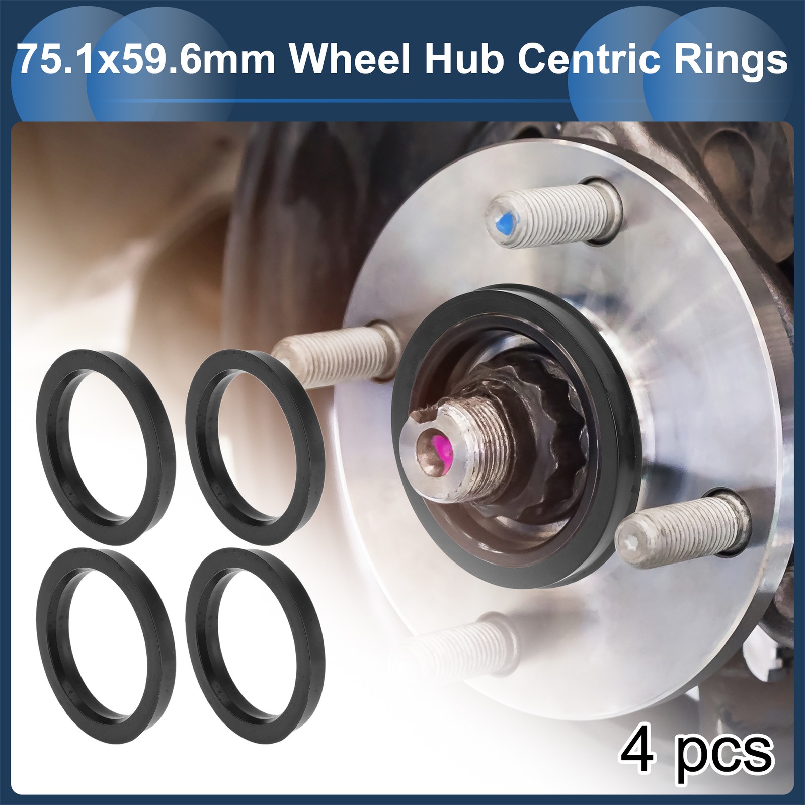75.1mm to 59.6mm Car Wheel Hub Centric Rings Black Polycarbonate 4 Pcs