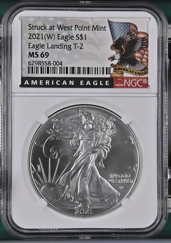 2021 Bullion Silver Eagles NGC MS-69 (W) Eagle Landing T-2 Struck at West Point