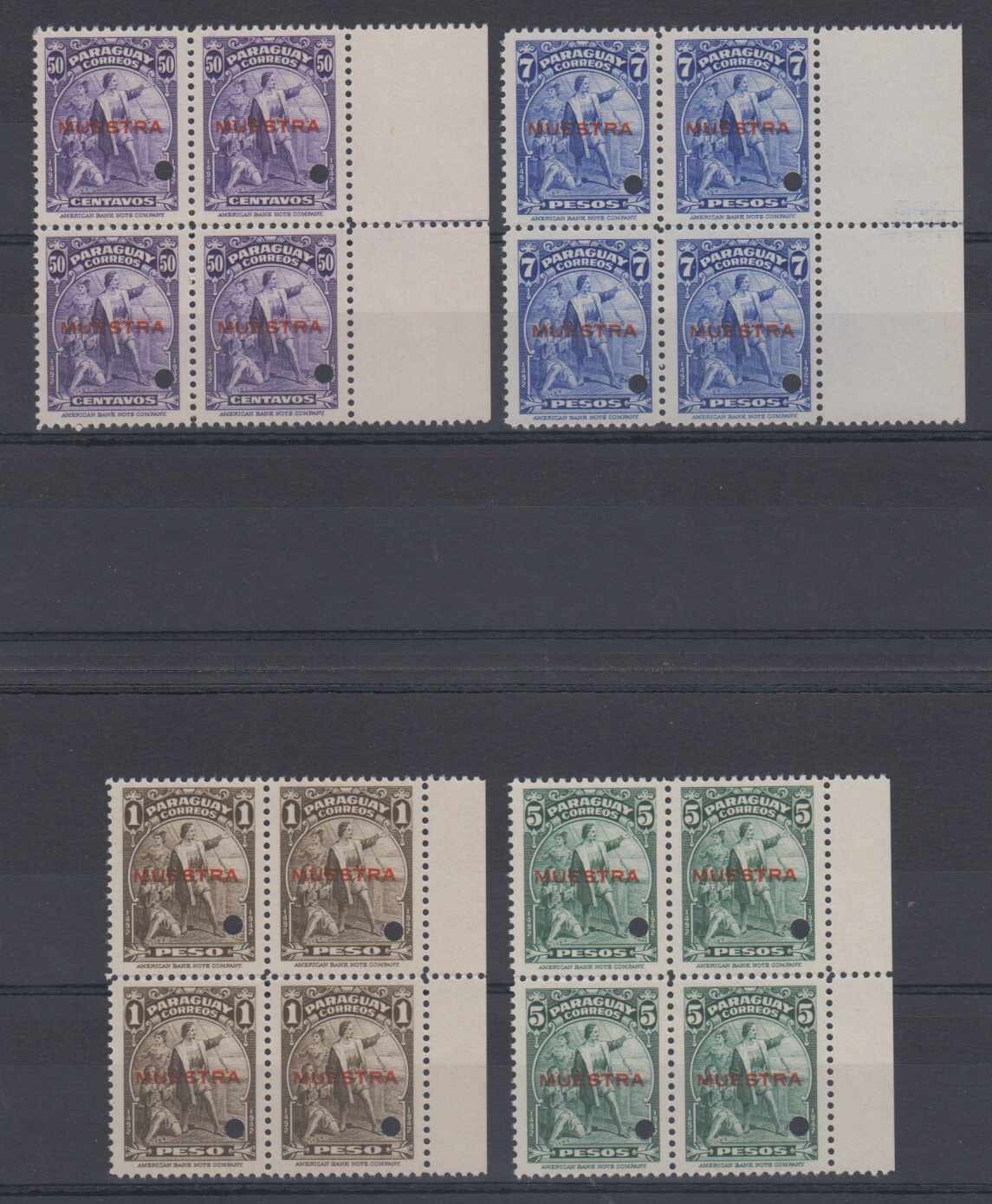 PARAGUAY 1943 COLUMBUS Sc 399-402 BLOCKSx4 FULL SET "MUESTRA" (SPECIMEN) MNH