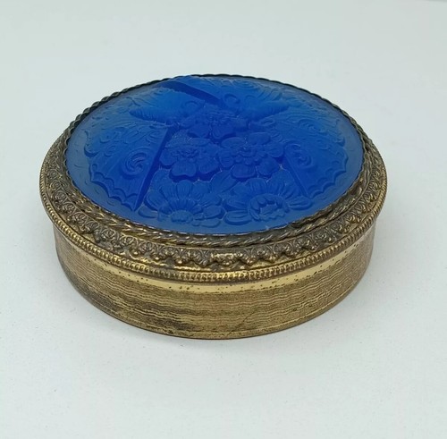 Caja de polvo compacta de colección, con mariposa de vidrio azul, Art Nouveau, de Rene para Lalique - Imagen 2 de 24