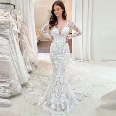 Elegant Long Sleeves Mermaid Wedding Dresses Deep V Neck Lace Applique BrideGown | eBay Elegant Long Sleeves Mermaid Wedding Dresses Deep V Neck Lace Applique BrideGown | eBay