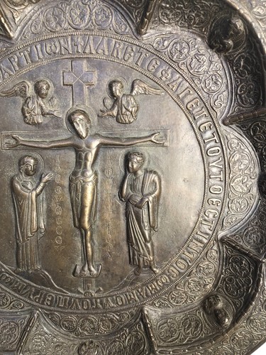 Antigua Bandeja Ortodoxa de Bronce Grande Circa 19c Inspirada en CUENCO DE PAN CONSAGRACIÓN - Imagen 12 de 21