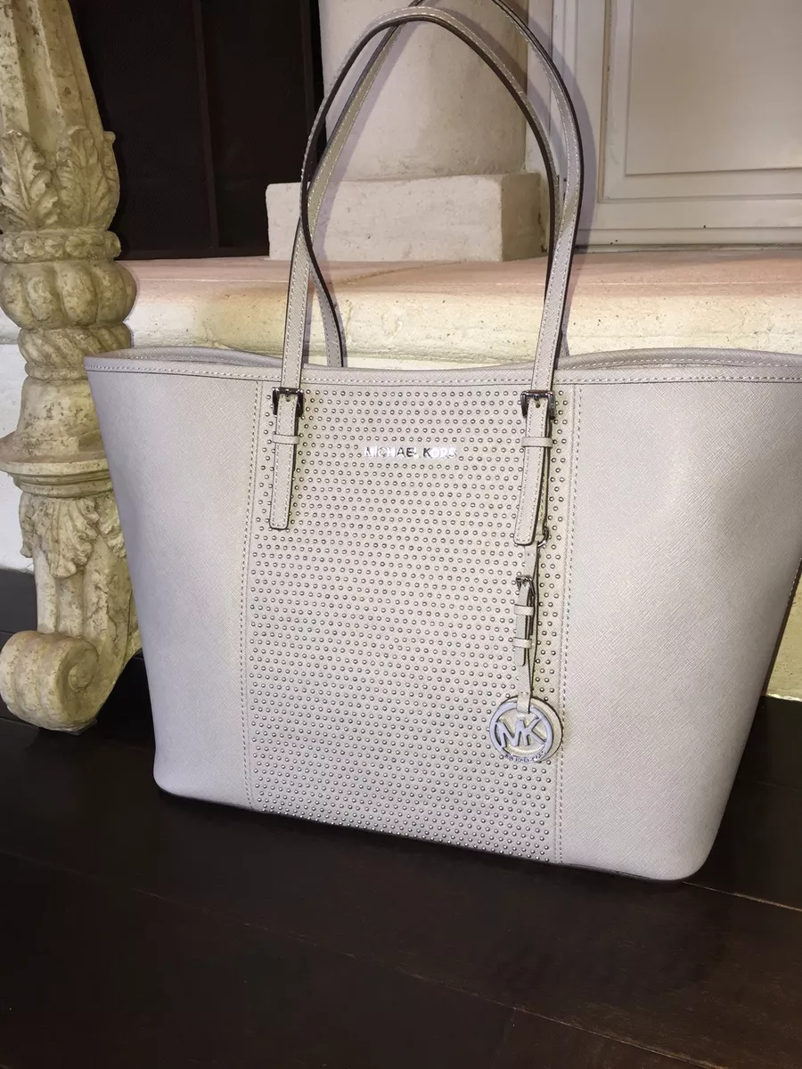 Michael Kors Microstud Center Stripe MEDIUM Travel Tote Pearl Grey 348 NWT