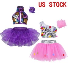Girls Ballet Jazz Dance Tutus Performance Costume Shiny Sequin Crop Top Tutus