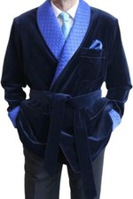 Men's Quilted Smoking Robes Jackets Navy Blue Velvet Smoking Jacket Coat