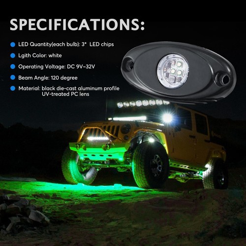Green 4 Pods LED Rock Lights Underbody Light for Ford F-150 F-250 F-350 F-450 - Picture 5 of 12