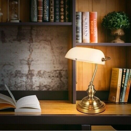 Matte White Glass Bankers Desk Lamp with Pull Chain Switch,Satin Brass Finish - image 3 of 4
