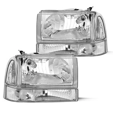 FOR 99-04 FORD F250 F350 SUPER DUTY CHROME HOUSING CLEAR CORNER HEADLIGHT LAMPS
