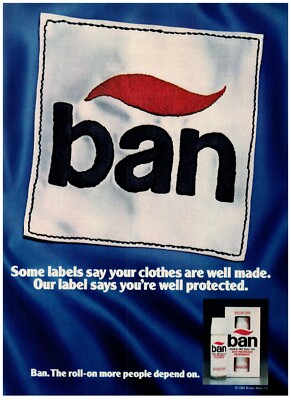1981 Ban Quick Dry Roll-On Print Ad, Stitched On Clothing Label Well Protected