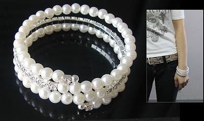 Bracciale in perle bianche e strass tre giri ,braccialetto a