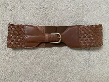 ECOTE Belt size Small 100 LEATHER Braided Elastic Back Front Clasp BROWN