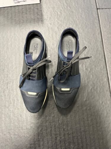 Balenciaga Navy Blue Fabric and Leather Race Runner Lace Up Sneakers Size 37