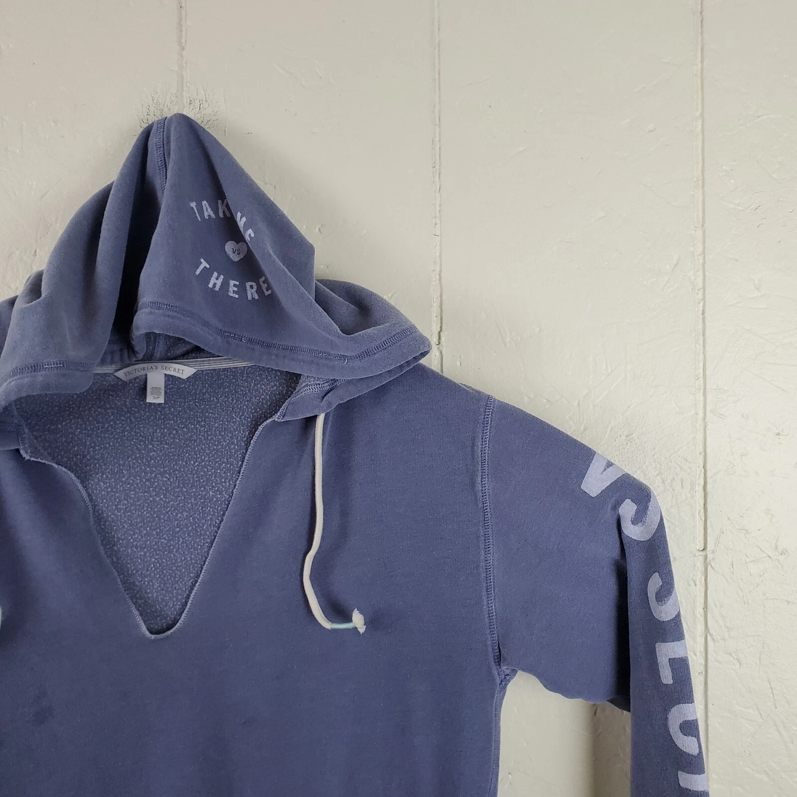 UNDERCOVER Victoria's Secret felpa con cappuccio donna piccola blu coulisse scollo a V manica lunga grafica