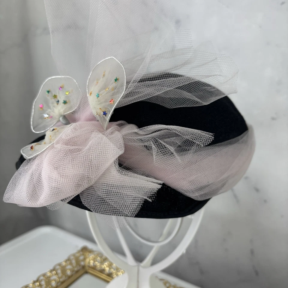 De Colección Años 40 Años 50 Sombrero Negro Rosa Tul Malla Cloche Británico Caprichoso Retro Femenino Foto 4 de 4