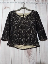 Stage Accents Shirt Womens Small Black Lace Sequin 3/4 Sleeve Back Zip Made USA