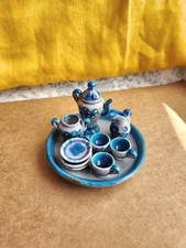 TONALA Pottery, Miniature Ceramic Tea Set, Blue Color, Handmade Decor, Mexico