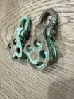 Pair Small Cast Marine Pulley Blocks with Swivel Hooks Authentic Green Verdigris — photo 3