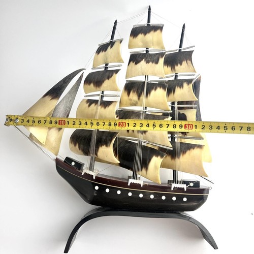 1981 Large Vintage USSR Model of Ship Sailing Handmade Horn Souvenir Signed 16" - Picture 7 of 8