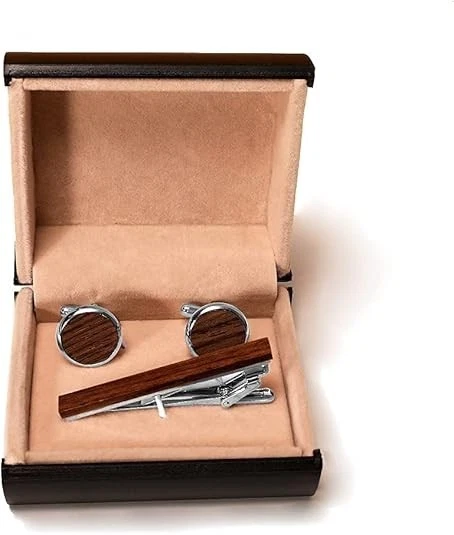 Juego de clip y gemelos de madera para corbata para hombre - Clip de corbata de 2 pulgadas y gemelos redondos Foto 2 de 4