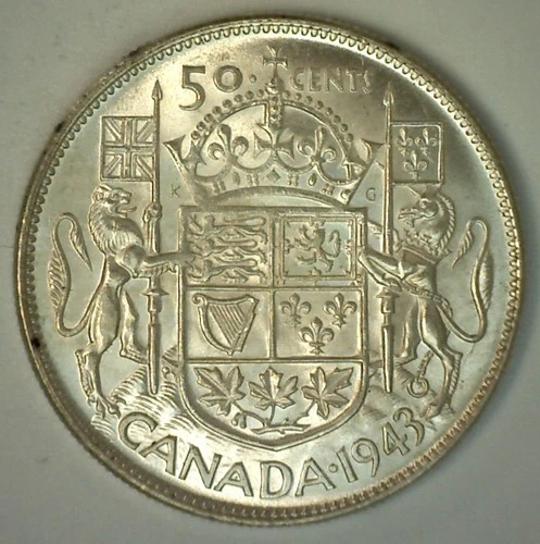 1943 Canada Silver Fifty Cents Coin 50c Canadian Half Dollar Uncirculated