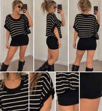 Wet Seal Y2K Black Cream Striped Batwing Dolman Sleeve Mini Sweater Dress Size M