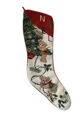 Vintage Christmas Stocking Wool Needlepoint NOEL Bears Christmas Tree 21.5 In.
