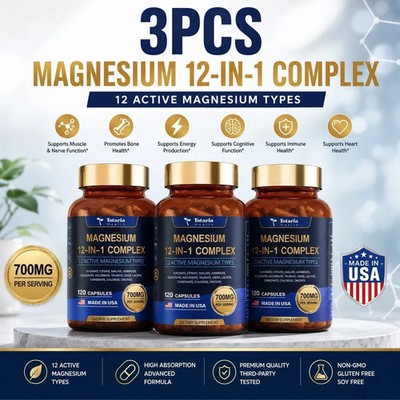 3 Bottles - Magnesium 12 in 1 Complex 700mg - Glycinate Citrate Malate Taurate